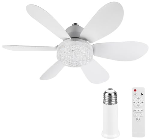 CRGANGZY Crystal Ceiling Fan Light Bulb Fan Remote Control 3 Light Colors Adjustable Wind Speed Universal Dimming for Dining Room Bedroom Living Room