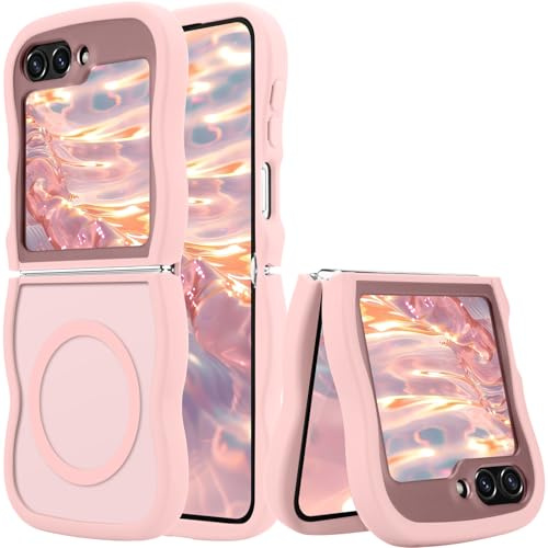 Pepmune for Samsung Galaxy Z Flip6/5 5G Case, Curly Wavy Frame Hard Translucent Clear Bumper Cover for Women Men Compatible with Magsafe Shockproof TPU Phone Case for Samsung Galaxy Z Flip5/6 5G, Pink