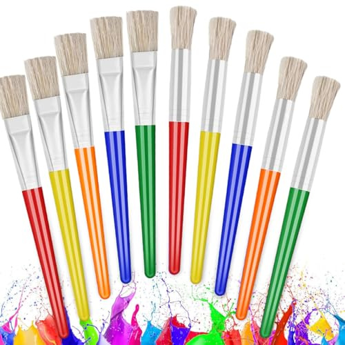 Garegce 10Pcs Paint Brushes for Kids, Round and Flat Art Brushes for Children and Beginners, Soft Hog Bristles with Plastic Handles, Ideal for Washable Watercolor Tempera Acrylic Paint and Crafts