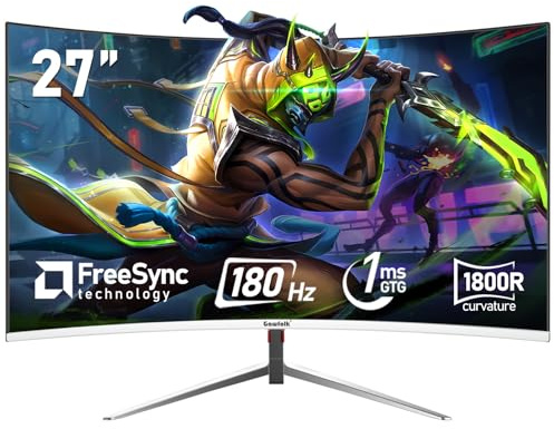 Gawfolk - 27 inch computer screen, 1800R curved gaming monitors 180Hz, FHD1080p 1ms bezelless, freesync, 98% sRGB, 178° angled view HDMI port, compatible