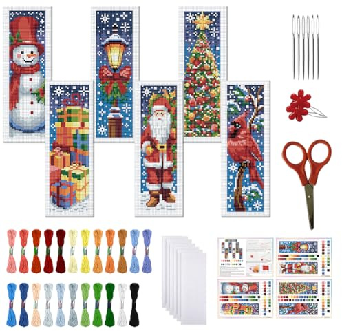 FREEBLOSS 6 Set Weihnachts Kreuzstich Lesezeichen Set Für Erwachsene Und Anfänger Schneemann Weihnachtsmann Gestempeltes Kreuzstich Set Lesezeichen Stickset Mit Anleitung als Geschenk 11CT 8X2.4
