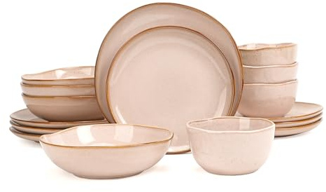 Home VSS Highland 16pc Dinnerware Set, Unique Organic Shape Double Bowl， Stoneware Plate & Bowl Dish Set Service for 4, Scratch Resistant, Microwave & Dishwasher Safe, Natural Reactive Glaze, Pink