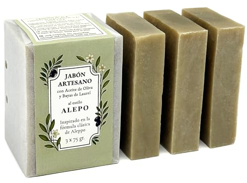 CABRERIZO SOAP JABON DE ALEPO NATURAL - Jabón de Alepo, Jabon Alepo Tradicional para pieles sensibles o Acné - Jabón alepo de Aceite de Oliva Español y Bayas de Laurel 3x75 gr. Jabones Artesanales