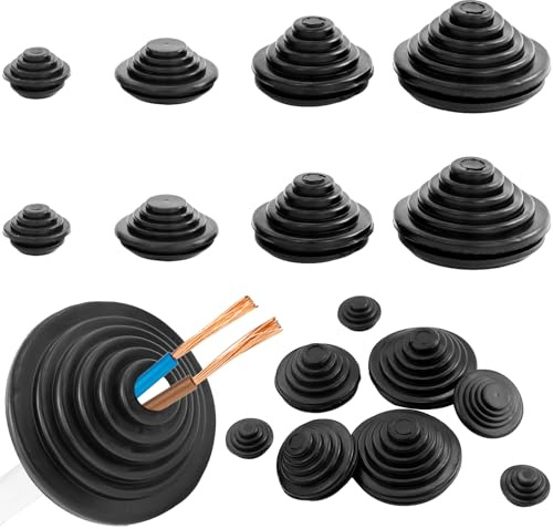 60 Pezzi Passacavo Gomma, 4 misure,Set Passacavi in Gomma per Fori, beccucci in gomma per cavo, filo, spina, apparecchi elettrici, 10 mm/20 mm/25 mm/30 mm (nero)