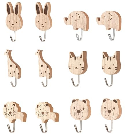 PAPAcroscoma Perchero infantil para ropa infantil: 12 ganchos de pared autoadhesivos de madera para ropa, bolsos, toallas y llaves, bonitos ganchos de animales para habitación de niños, habitación de