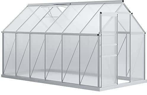 Outsunny Serre de Jardin 3,6 m² en Aluminium Polycarbonate avec Fondation, 190 x 190 x 200 cm, Serre avec fenêtre réglable Porte coulissante, abri extérieur résistant aux intempéries, Argent
