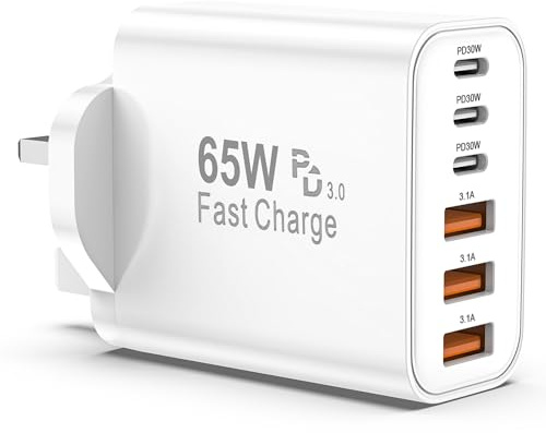 USB C Plug Fast Charge, 65W 6-Port Multi USB Charger Plug UK Power Adapter + Wall Plug port, 25W(MAX) Type C Charging Plug for iPhone 17 16 15 14 13 12 11 Pro Max XS XR8, for ipad-3 Type C+3 USB A
