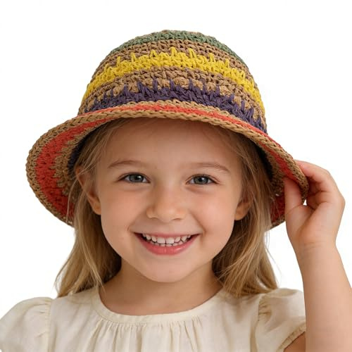 NICEYEA Sombrero de paja para niños para niñas, sombrero de paja, arco iris, sombrero de verano, ala ancha, sombrero de pescador, gorra de sombra, gorro de playa, protección UV, adecuado para la playa