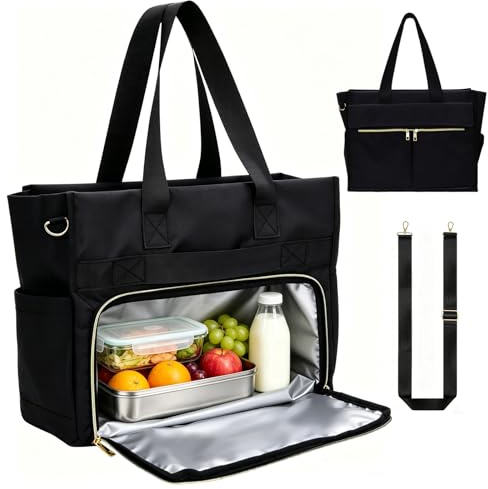 Lnopever Mujer Lunch Bag, Aislamiento Térmico Bolsa Comida Trabajo Para Viajes De Negocios, Loncheras De Trabajo Portátil De Tres En Uno, Con Compartimento Térmico, Paquete Gran Capacidad (Negro)