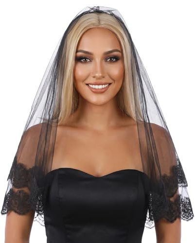 Bremorou Schwarzer Kurzer Schleier 140cm Langer Tüll Eleganter Brautschleier Schwarz Halloween Schleier Spitze Hexe Cosplay Für Junggesellinnenabschied Hochzeit, Halloween, Cosplay Und Partys