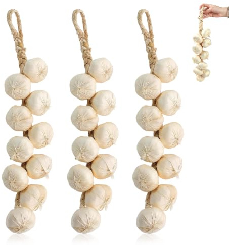 YMTWSRY 3 PCS Artificial Garlic Hanging String, Lifelike Vegetable Hanging Decoration Fake Onion Garland Ornament for Kitchen Garden Indoor Decoration Photo Props