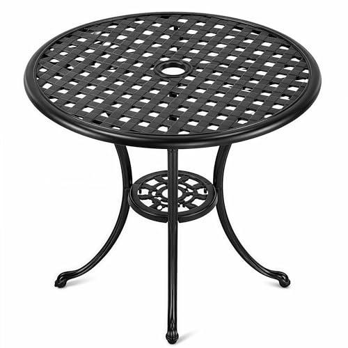 GarveeMore Gartentisch rund Ø 60 cm aus Gussaluminium mit 5 cm Schirmloch | Wetterfest und rostfrei | Stabiles Dreibein-Gestell | Für Balkon, Terrasse und Garten | Farbe: Schwarz