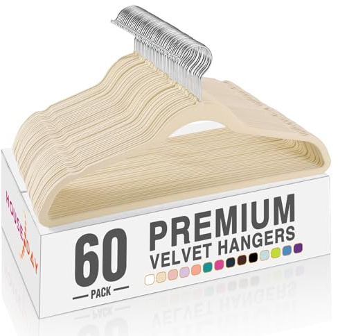 HOUSE DAY Beige Velvet Hangers 60 Pack, Premium Non Slip Clothes Hanger
