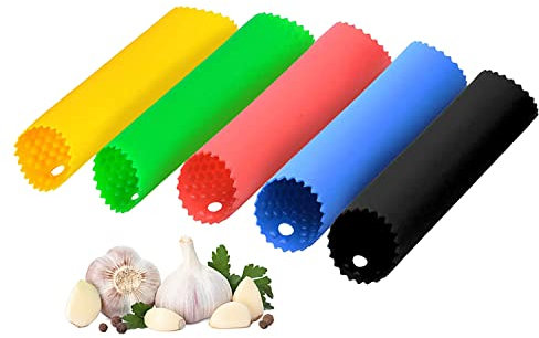 Pack de 5 peladores de ajos, peladores de ajos de silicona Rodillos de ajo, peladores de verduras Utensilios de cocina (rojo, amarillo, verde, azul, negro)