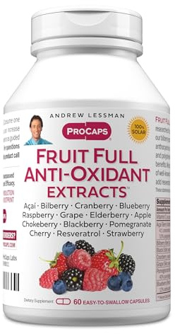 ANDREW LESSMAN Fruit Full Anti-Oxidant Extracts 60 Capsules - 14 Natural Fruit and Berry Extracts. Bilberry, Cranberry, Grape Seed, Pomegranate, Resveratrol, and More. Easy to Swallow Capsules