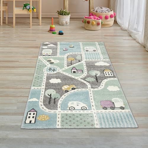 Teppich-Traum Teppich Wohnzimmer modern weich kurzflor pflegeleicht Schlafzimmer Teppich blau grau Designteppich klein dekorativ Innenbereich 80 x 150 cm