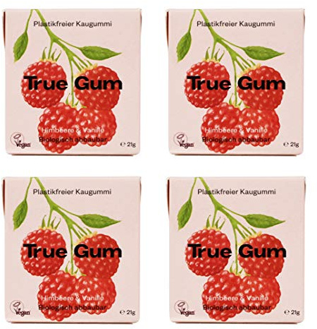 True Gum 4er SET: HIMBEERE & VANILLE | Plastikfreier Kaugummi | Biologisch Abbaubar | Vegan | 4 x 21 g, 84 g