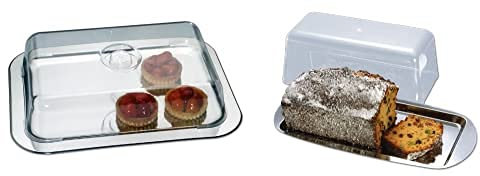 CHG 18623FR-07 Plateau pour amuse-bouches Avec cloche 42 x 31 x 8.5 cm & 14005-60 Plat à gâteau 35x17x10 cm avec couvercle, Acier Inoxydable, Argent, 35 x 17 x 10 cm