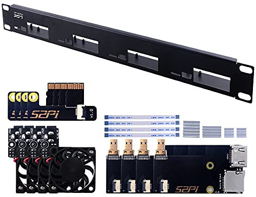 GeeekPi 1U Rack Kit für Raspberry Pi 4B, 19 1U Rackmount Unterstützt 1-4 Einheiten mit 4 Raspberry Pi Lüftern, Kühlkörper, Micro HDMI zu HDMI Boards, TF Karte zu FPC Boards für Raspberry Pi 4B