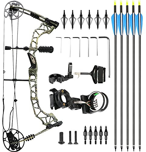 KUWAN Compoundbogen Jagdbogen Pfeile 25-70lbs Einstellbar Sportbogen Erwachsene Compound Bögen Komplett Set 320 FPS für Outdoor Bogen Jagd (Tarnung Pfeil und Bogen Set)