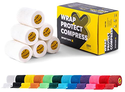 SPORTTAPE 6 Rolls Self-Adhesive Cohesive Bandage, 7.5cm x 4.5m, White - Compression Tape & Vet Wrap for Dogs, Horses, Sports Stretch Tape for Football, Ankles, Joints, Fingers, Wrists & Sock Tape