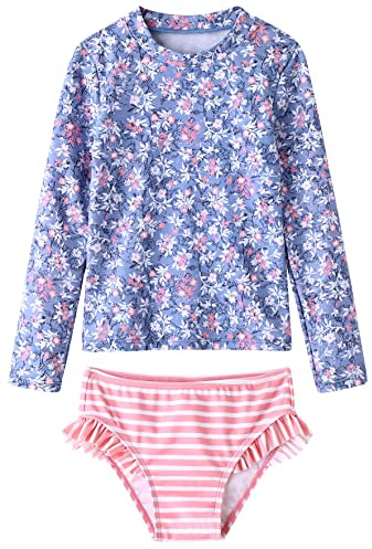 UMELOK Little Girls Rash Guard Sets Swimwear 2-Pieces Long Sleeve Swimsuit Sets Light Purple/Pink, Floral/Stripe 6Y,Little Kid