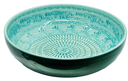 Kaladia - Reibeschüssel/Keramikhobel - ideal zum Gewürze reiben und Servieren von Gerichten - Motiv: Türkis - Durchmesser: 27 cm - handgemacht & handbemalt - Made in Spain