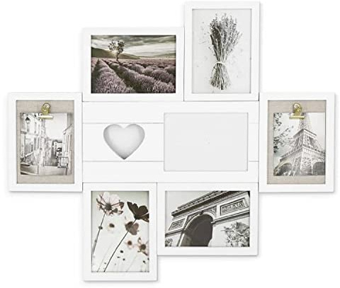 K&L Wall Art Wohnzimmer Bilderrahmen Collage Shabby Chic Fotorahmen aus MDF Holz Fotocollage Vintage Gallerie Rahmen weiß gold Klammer für Fotos Bilder Trockenblumen (55 x 60cm mit Herz)