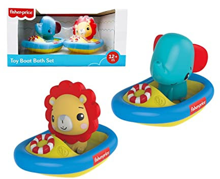 Fisher Price Schwimmboote, Löwe und Elefant, Badespielzeug für Babys, Kollektion Wasserspielzeug, austauschbare Tiere (Deqube 920D00090)
