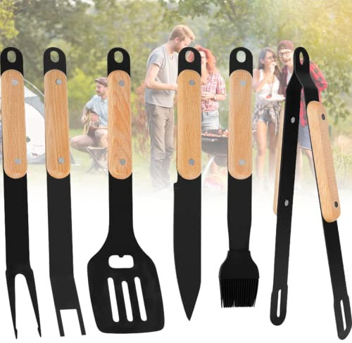 ZWEBY BBQ-Zubehör, 6PCS Antihaftbeschichtung Barbecue Tools Set für Männer, Outdoor Edelstahl Grill Utensilien Set mit Backspatel, Backordner, Spatel, Gabel und Bürste, zum Kochen Camping Grillen