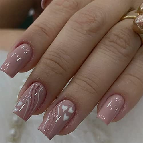 24pcs Medium Square False Nails Love Heart Stick on Nails Pink Glitter White Swirl Press On Nail Removable Glue on Acrylic Full Cover Fake Nail Art Accessories for Women