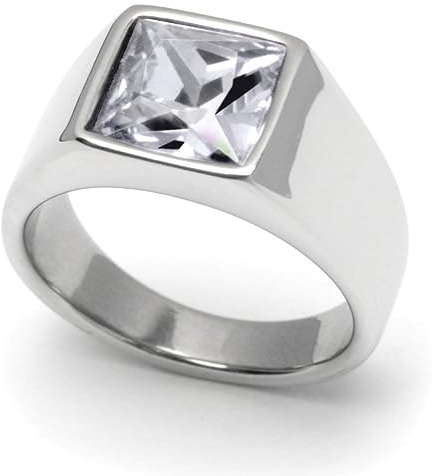 Schmuck-Checker Herren Ring Solitär Stein Kristall-Weiß für den kleinen Finger aus 316L Edelstahl silber poliert schlichter Ring mit weißem Stein