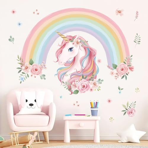 wondever Large Rainbow Wall Decals Unicorn Flower Girls Room Wall Stickers | Peel and Stick, Removable, Wall Art Decals, Wall Decoration, Kids Room, Girls Bedroom Baby Nursery Playroom Decor