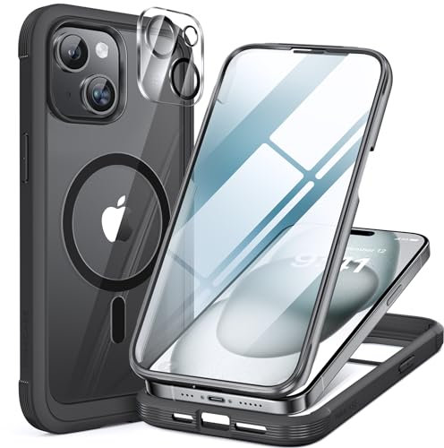 Miracase 360 Grad für iPhone 15 Hülle mit Magsafe, Eingebaut Glas Schutzfolie, Komplettschutz HandyHülle Magnetisch Stoßfest Case für iPhone 15 Schutzhüllen 6,1 Zoll, Schwarz