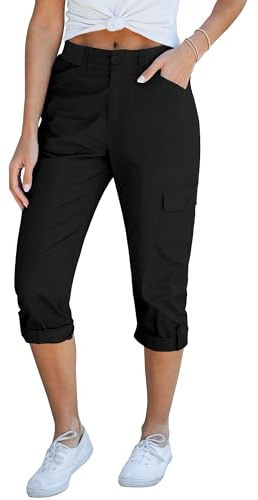 GRAPENT Women's High Waisted Chino Pants - Summer Casual Outfits, Elastic Waist, Capri Cropped Cargos in Black, X-Large (Size 16/18)