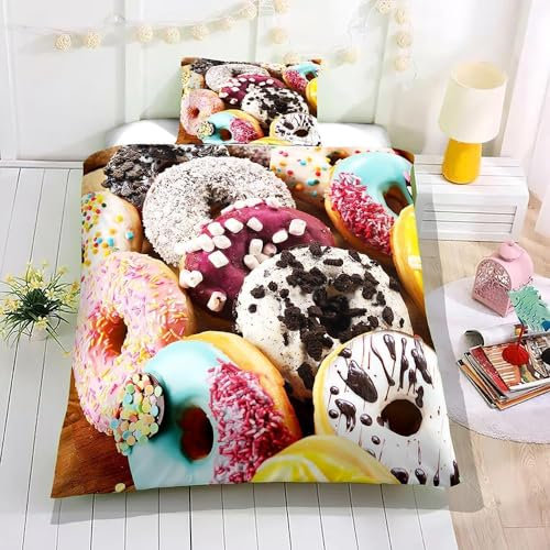 Copripiumino 160x200 Ciambella Stampa 3D Set Copripiumino Ciambelle Morbido Microfibra Biancheria da Letto Ciambella, Copripiumone con 2 Federe con Cerniera F2288