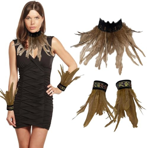 3er Set Gothic Feder Achselzucken mit Feder Manschetten, Federkragen Rabe Hexe Priesterin Kostüm Hahnfeder Armbänder Federumhang Federrock Kostüm Choker Kragen für Halloween Karneval Maskerade Cosplay