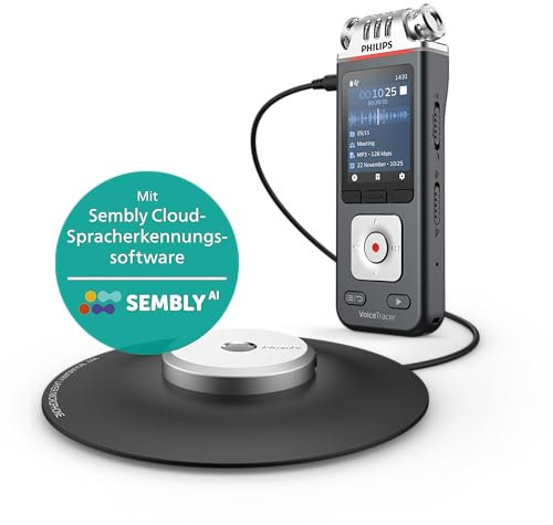 Philips VoiceTracer DVT8115 registratore vocale, Microfono a 360° per riunioni con qualità eccellente. Licenza AI Sembly in prova: l’Intelligenza Artificiale crea riassunti, trascrizioni