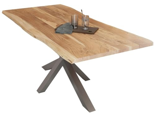 Liadomo Esstisch 180x90 Diala Natur, Baumkantentisch, Baumkante, Akazie Massivholz Tisch, 35 mm Tischplatte lackiert, Robust & Pflegeleicht, Unikat, Spider-Gestell Metall Silber