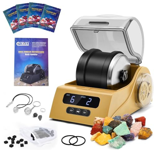 Tryes Rock Tumbler Kit Erwachsene - Rock Polierer Tumbler mit Rauschunterdrückungsabdeckung, Geschwindigkeits- & Timer-Steuerung, inklusive 4 Polierkörnungen, rauen Edelsteinen, Lernanleitung usw