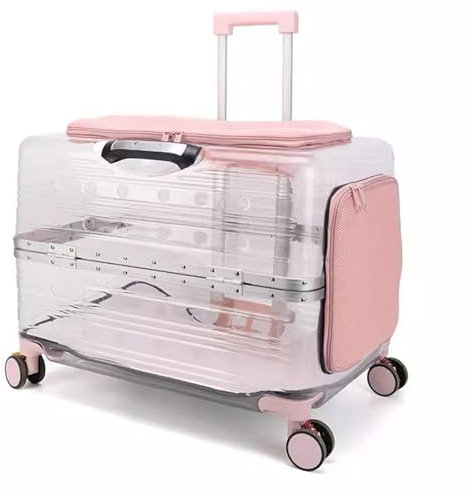 BRDECOR Durchsichtiger Katzentransportkoffer mit Rollen für Haustierreisen, Transparenter Rooling Hard Cat Carrier Kinderwagen, Große Transportbox für Katzen, Hunde und Welpen,Pink