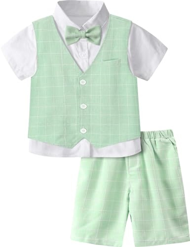 mintgreen Kinder Anzug Junge Hochzeit, Gentleman Formal Outfits Kurzärmeliges Hemd Shorts Weste Bowtie Satz, Mintgrün, 4-5 Jahre, 110