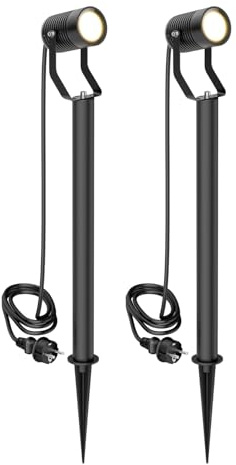 ledscom.de 2x Gartenstrahler SHINGA mit Erdspieß und 40 cm Sockel für außen, IP65, Stecker, schwarz, 1x GU10 max. 15W
