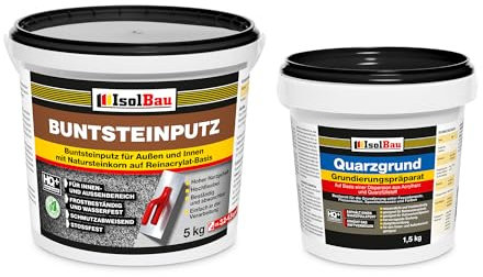 Isolbau - Buntsteinputz für Außen und Innen (Weiß, Grau) 5 kg - BP70 Mosaikputz Dekorationsputz Frostsicher, Wasserfest, Stoßfest - mit Quarzgrund 1,5 kg