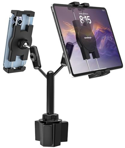 woleyi Support Tablette Porte Gobelet Voiture Double [Double Pince pour Appareil] Fixation Tablette Gobelet Camion avec Bras Métallique pour iPad Mini Air Pro, Galaxy Tab, Fire, Téléphone, 4-12.9