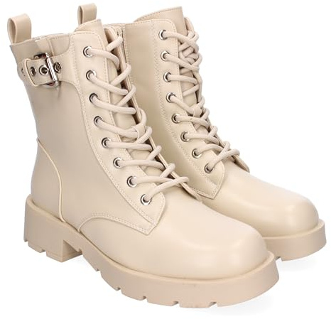 86708 Botines de Tacon para Mujer, Comodos y Elegantes, Detalle de Hebilla, con Suela Dentada, Punta Redonda, Cierre de Cordones y Cremallera Lateral, Ideales para Otono-Invierno. Beige Talla 38