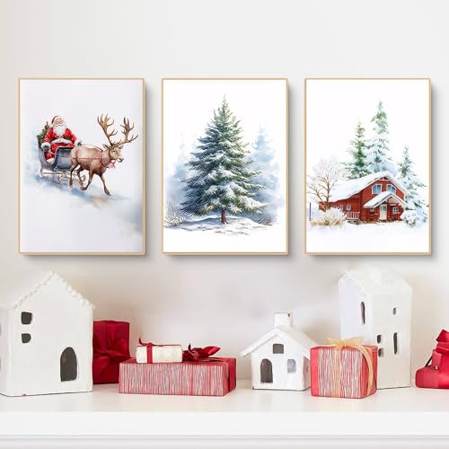 Ueiwffzo Poster & Kunstdrucke - Weihnachtsbilder Winter Leinwandbilder ohne Rahmen, Moderne Wandbilder Winterbilder - Wand Deko 3er Set für Wohnzimmer, Schlafzimmer, Weihnachten (50 x 70 cm)