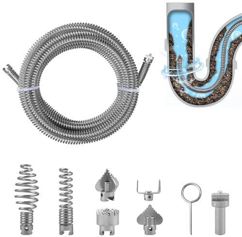 Sonda Sturatubi 5 m, ø12 mm, Sonda Stura Lavandini e Scarichi con 6 pezzi, Testa di Taglio e 1 Adattatore Elettrico, Albero di Pulizia dei Tubi in Acciaio (galvanizzato)