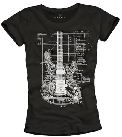 MAKAYA Damen T-Shirt mit Gitarrenmotiv Musik Geschenke Gitarren Print Top Design Rock Band Schwarz L