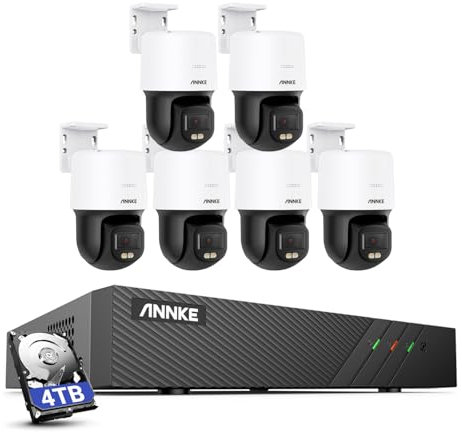 ANNKE 3K PT POE - Telecamera di sorveglianza per esterni, 6 telecamere IP con audio a 2 vie, inclinazione a 340°, visione notturna a colori F.10, allarme di movimento, accesso remoto, 8CH H.265+ NVR
